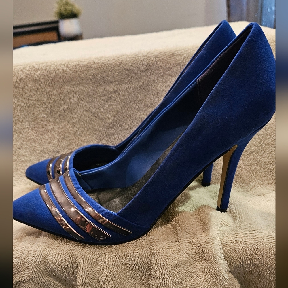 Aldo Cobalt Blue Suede Pointed-Toe Heels with Gold Straps